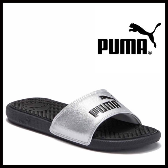 PUMA SILVER BLACK SLIDES SANDALS CAT SLIP ONS A2C - Picture 8 of 8